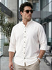 Plus Men's White Linen Blend Full Sleeve Relaxed Fit Mandarin Collar Casual Solid Shirt