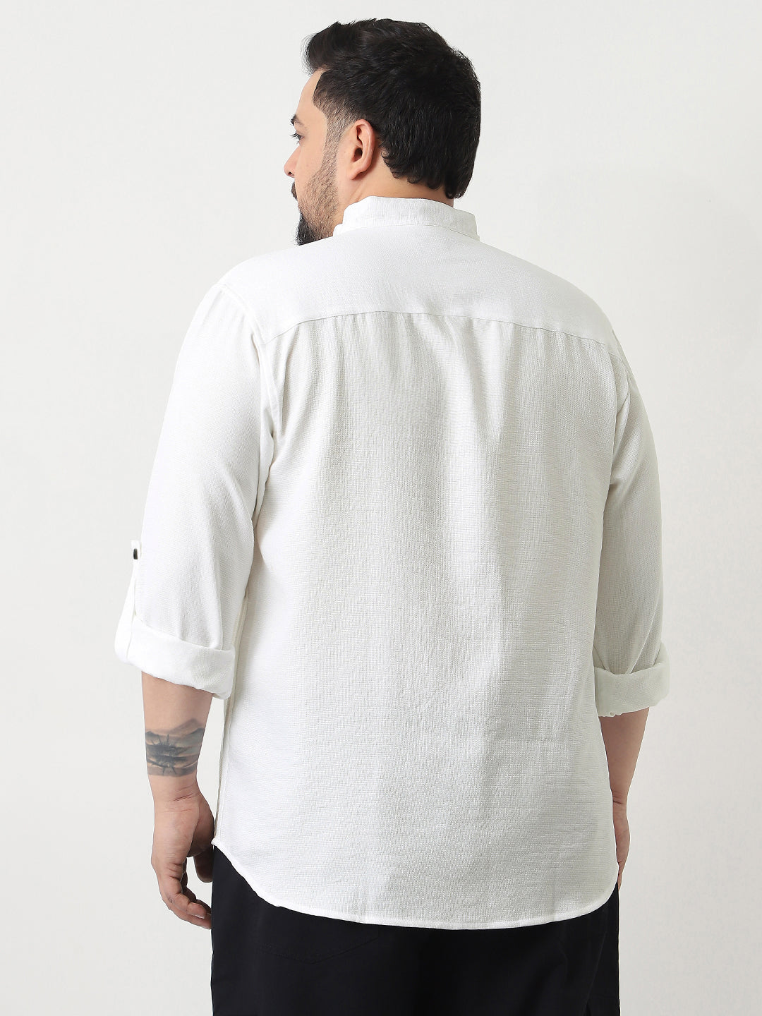 Plus Men's White Linen Blend Full Sleeve Relaxed Fit Mandarin Collar Casual Solid Shirt