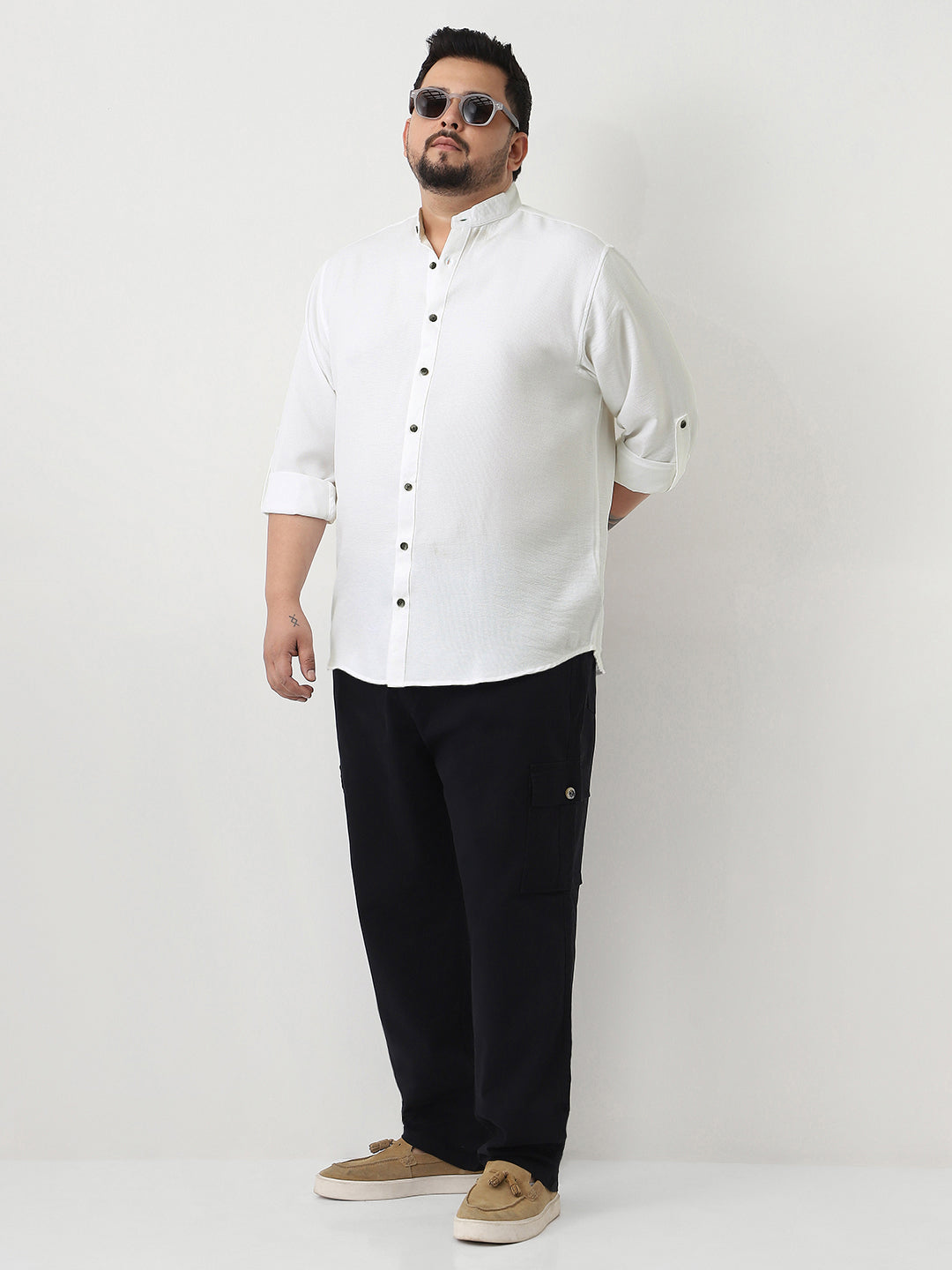 Plus Men's White Linen Blend Full Sleeve Relaxed Fit Mandarin Collar Casual Solid Shirt
