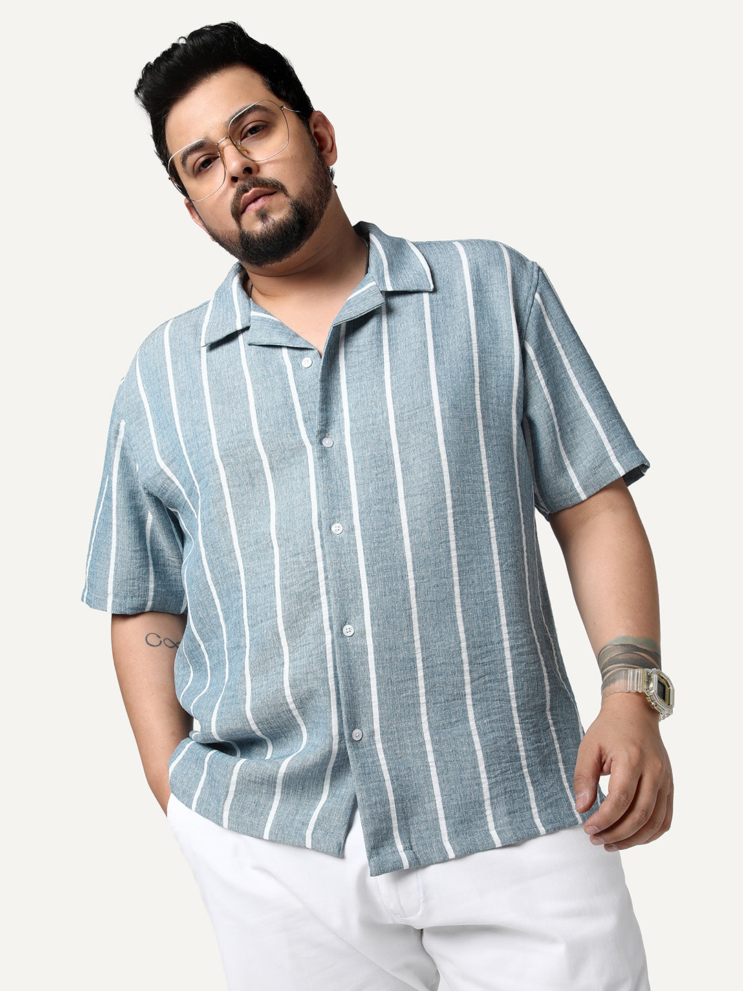 Plus Men's Aqua Cotton Half Sleeve Relaxed Fit Linen Striped Shirt with Cuban Collar