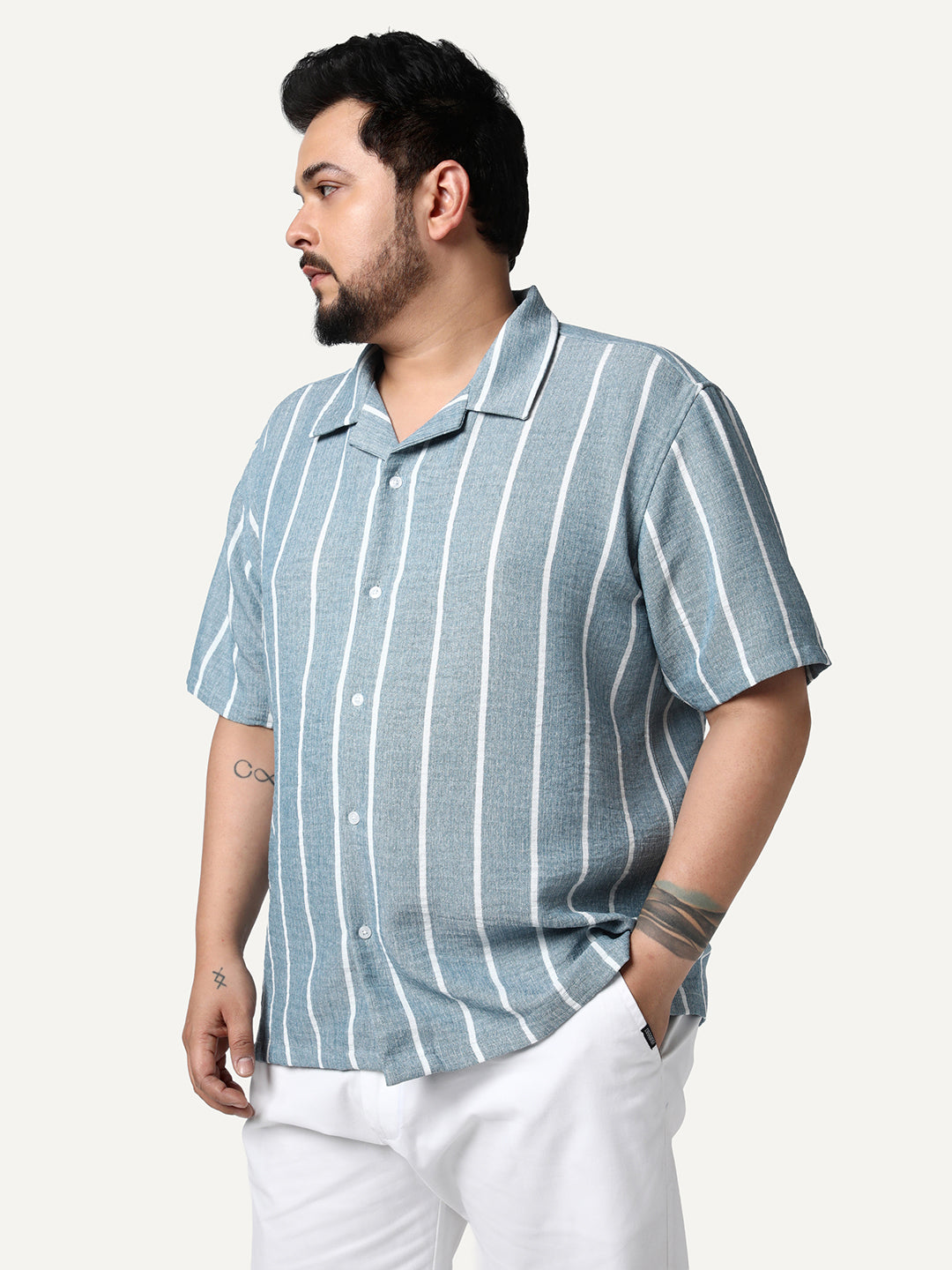 Plus Men's Aqua Cotton Half Sleeve Relaxed Fit Linen Striped Shirt with Cuban Collar