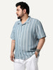 Plus Men's Aqua Cotton Half Sleeve Relaxed Fit Linen Striped Shirt with Cuban Collar