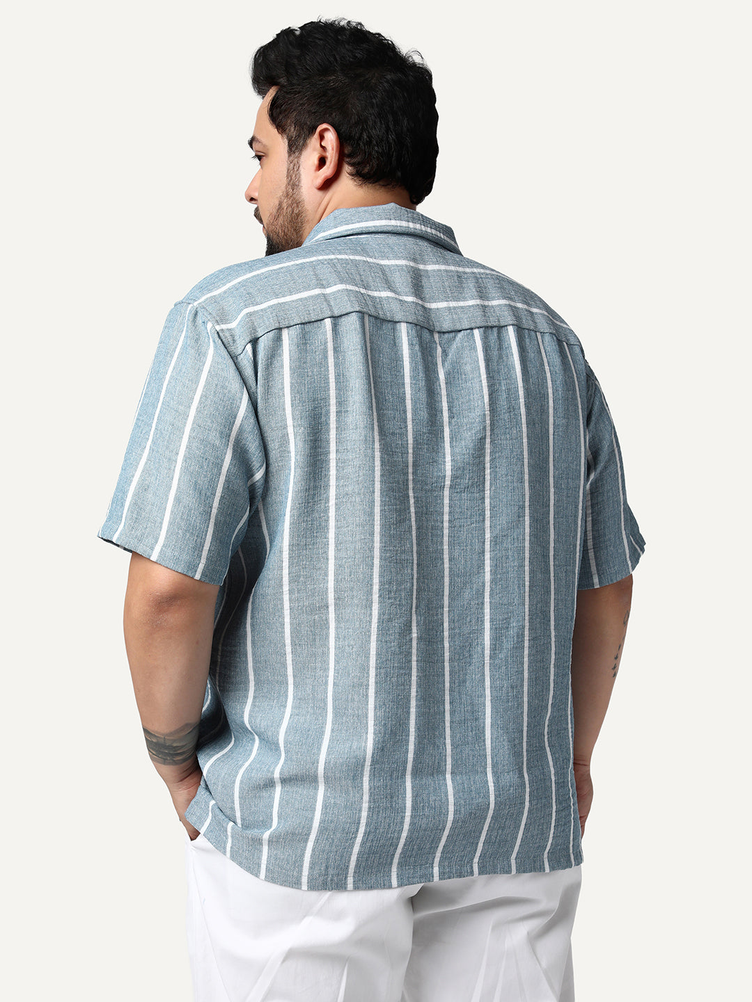 Plus Men's Aqua Cotton Half Sleeve Relaxed Fit Linen Striped Shirt with Cuban Collar