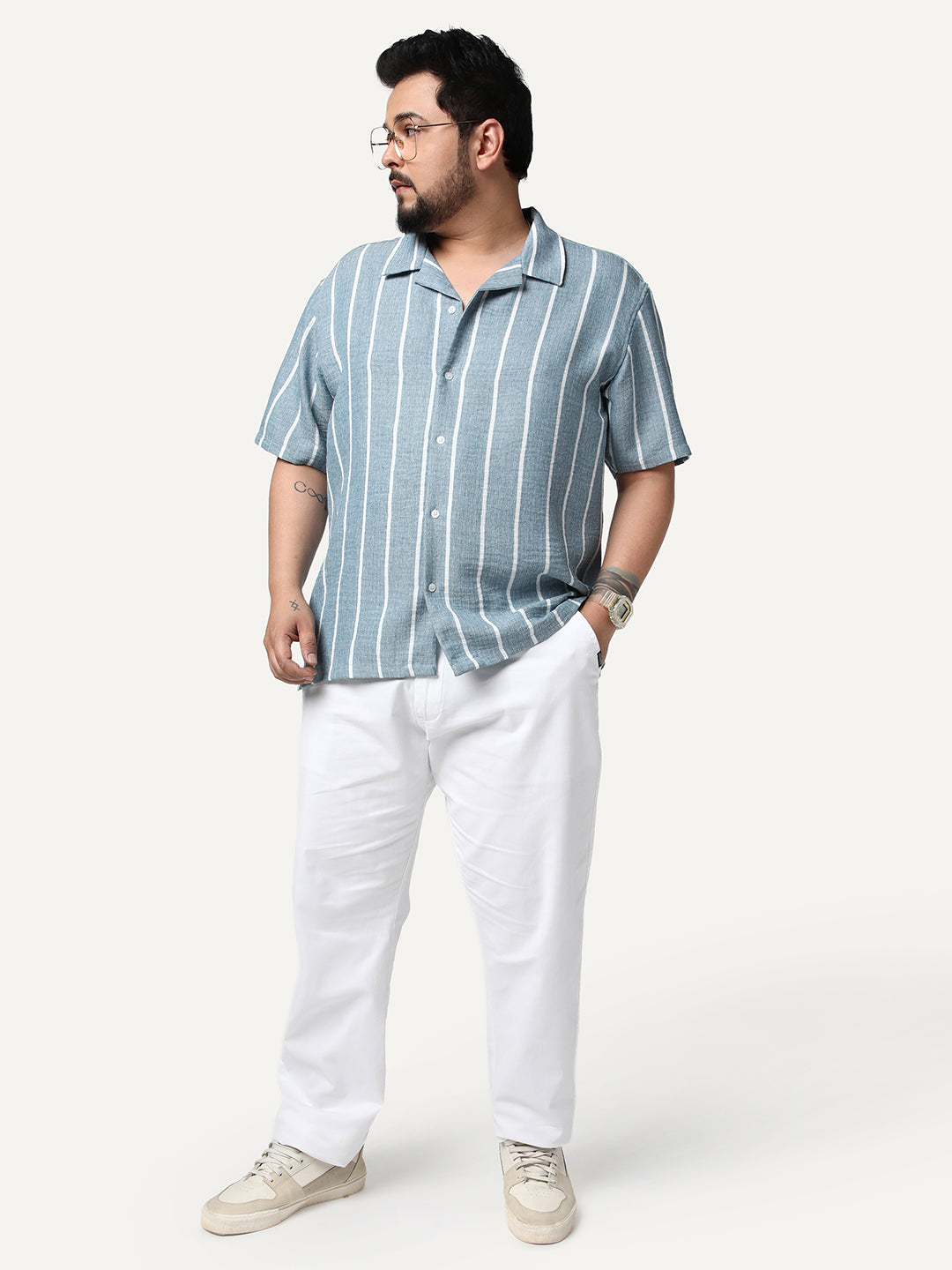 Plus Men's Aqua Cotton Half Sleeve Relaxed Fit Linen Striped Shirt with Cuban Collar