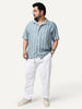 Plus Men's Aqua Cotton Half Sleeve Relaxed Fit Linen Striped Shirt with Cuban Collar