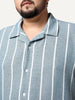Plus Men's Aqua Cotton Half Sleeve Relaxed Fit Linen Striped Shirt with Cuban Collar