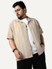 Plus Men's Beige Cotton Half Sleeve Relaxed Fit Linen Striped Shirt with Cuban Collar