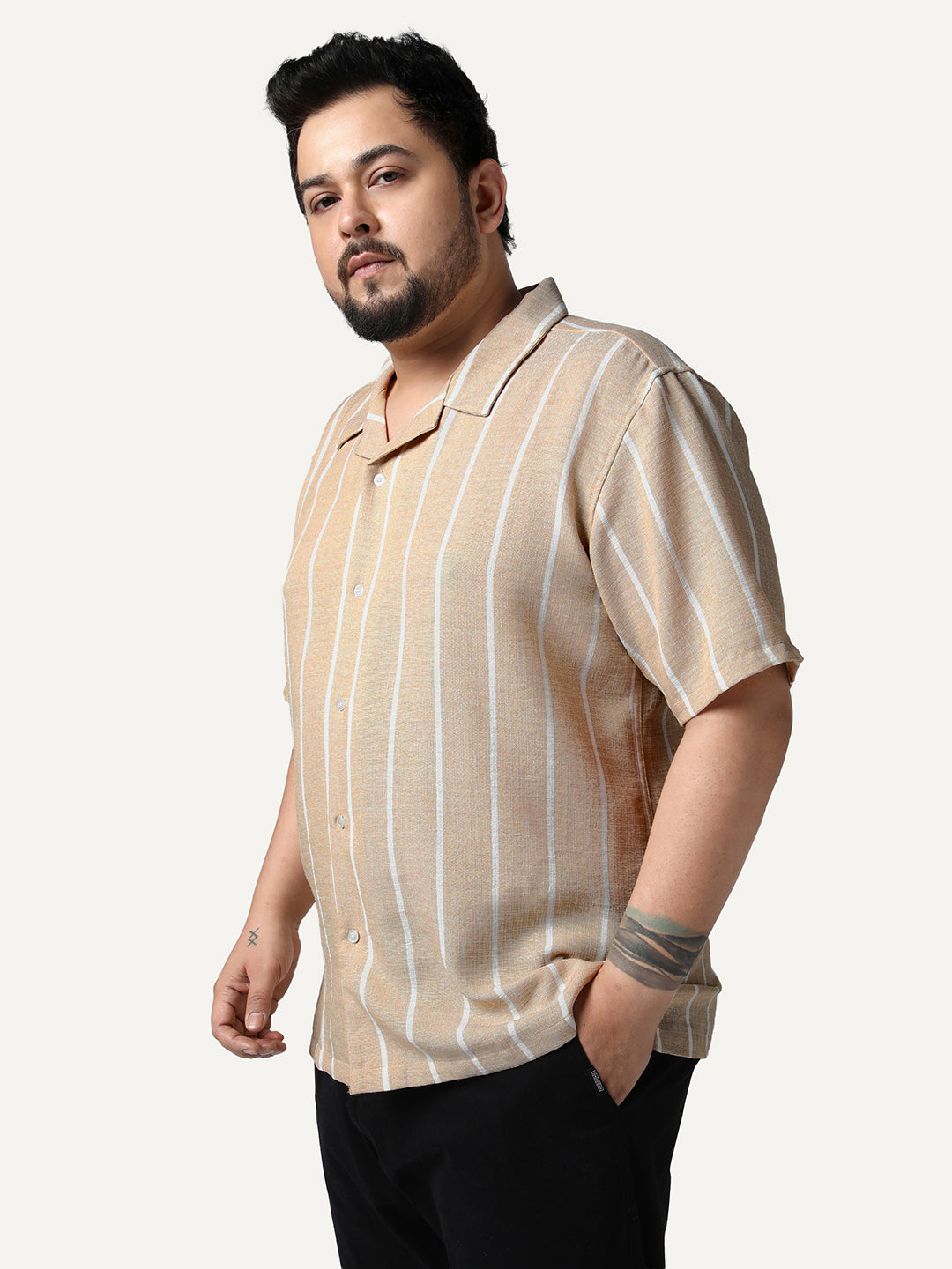 Plus Men's Beige Cotton Half Sleeve Relaxed Fit Linen Striped Shirt with Cuban Collar