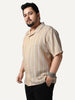 Plus Men's Beige Cotton Half Sleeve Relaxed Fit Linen Striped Shirt with Cuban Collar