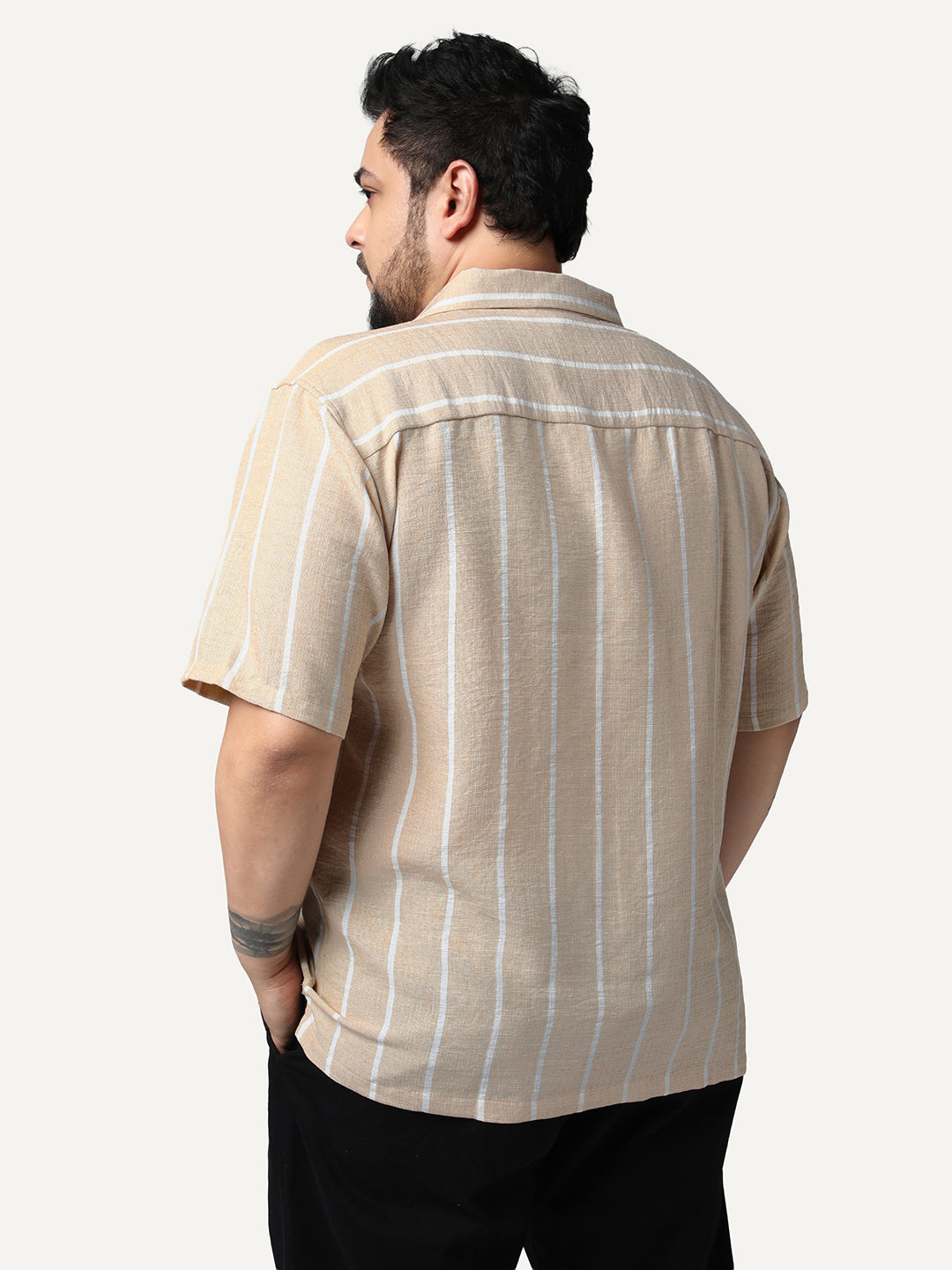 Plus Men's Beige Cotton Half Sleeve Relaxed Fit Linen Striped Shirt with Cuban Collar