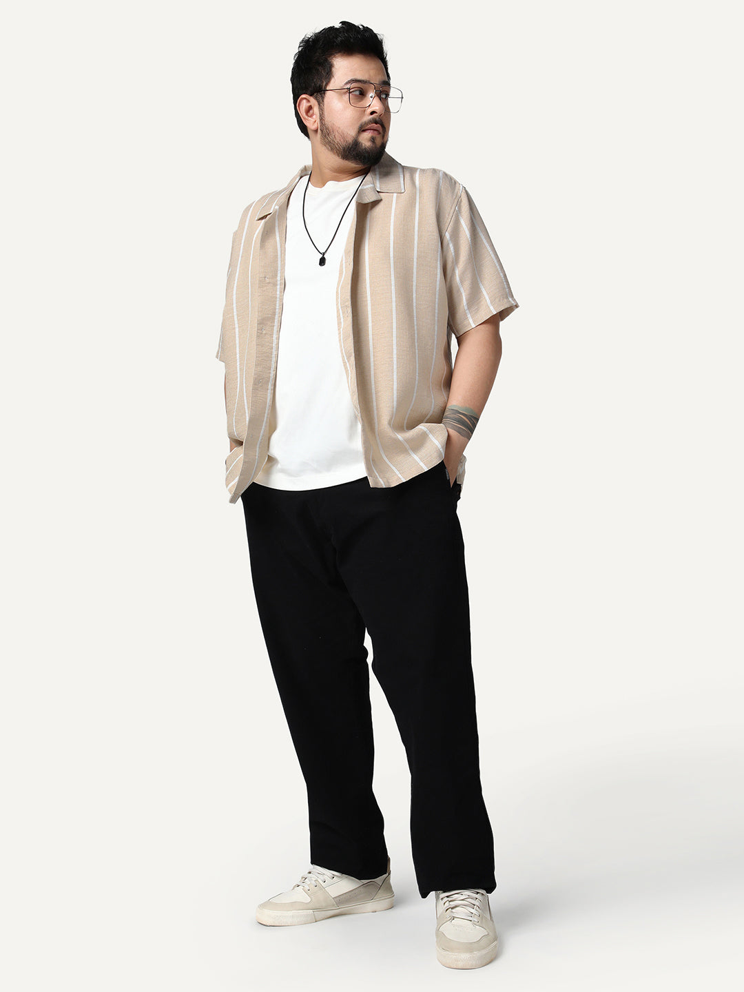 Plus Men's Beige Cotton Half Sleeve Relaxed Fit Linen Striped Shirt with Cuban Collar
