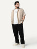 Plus Men's Beige Cotton Half Sleeve Relaxed Fit Linen Striped Shirt with Cuban Collar
