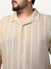 Plus Men's Beige Cotton Half Sleeve Relaxed Fit Linen Striped Shirt with Cuban Collar