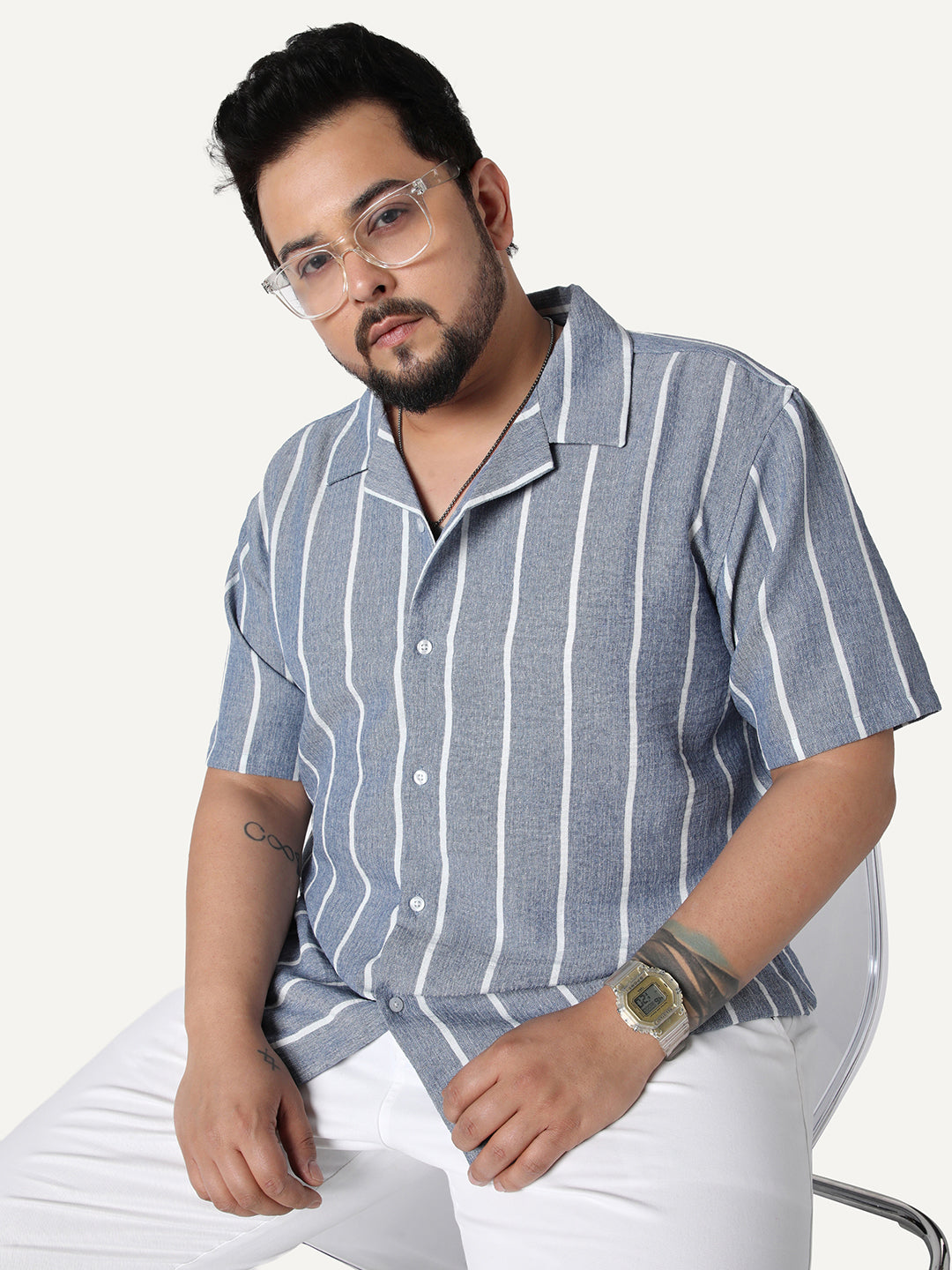 Plus Men's Blue Cotton Half Sleeve Relaxed Fit Linen Striped Shirt with Cuban Collar