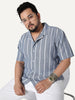 Plus Men's Blue Cotton Half Sleeve Relaxed Fit Linen Striped Shirt with Cuban Collar