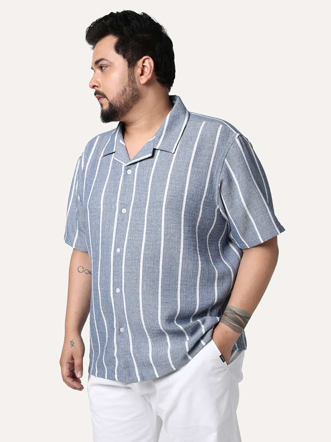 Plus Men's Blue Cotton Half Sleeve Relaxed Fit Linen Striped Shirt with Cuban Collar