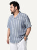 Plus Men's Blue Cotton Half Sleeve Relaxed Fit Linen Striped Shirt with Cuban Collar