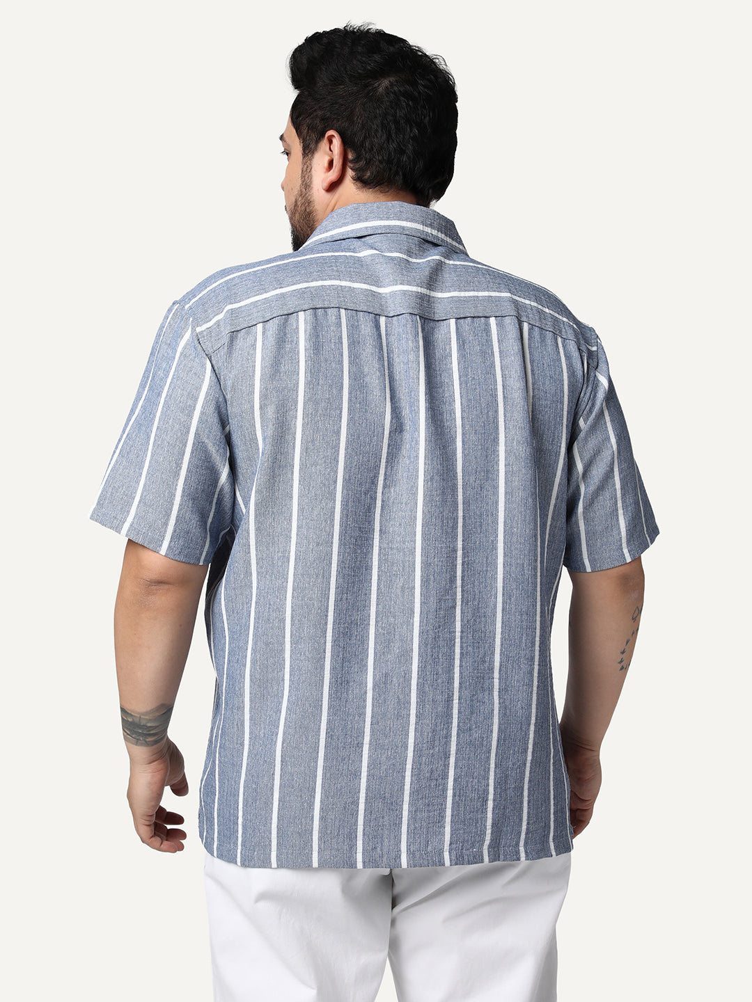 Plus Men's Blue Cotton Half Sleeve Relaxed Fit Linen Striped Shirt with Cuban Collar