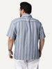 Plus Men's Blue Cotton Half Sleeve Relaxed Fit Linen Striped Shirt with Cuban Collar