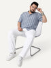Plus Men's Blue Cotton Half Sleeve Relaxed Fit Linen Striped Shirt with Cuban Collar