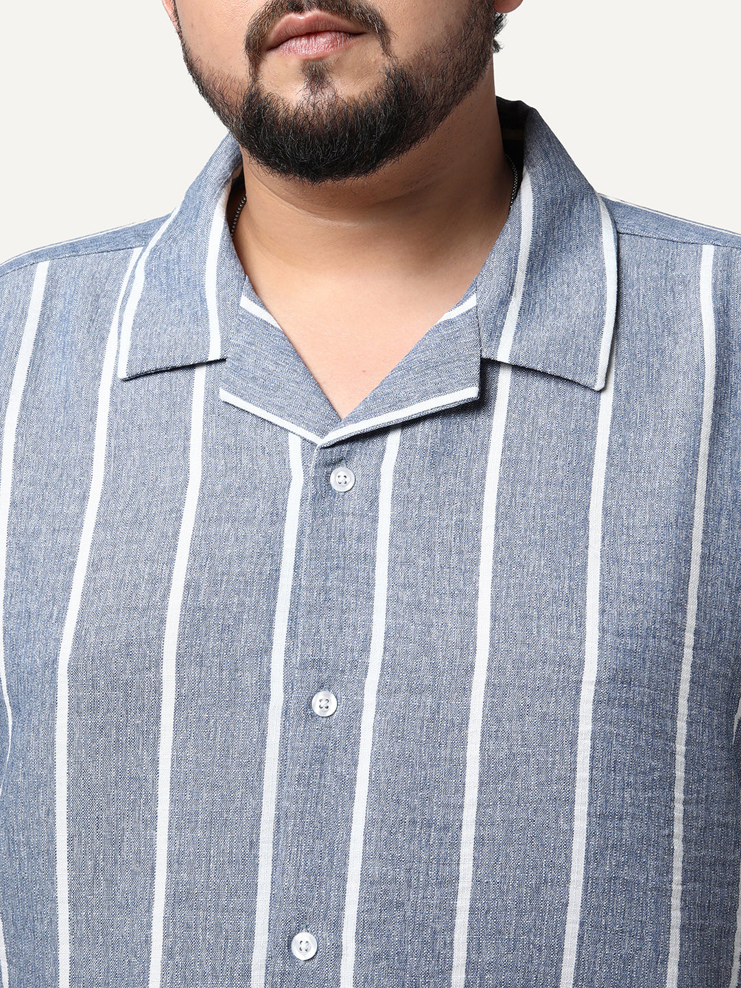 Plus Men's Blue Cotton Half Sleeve Relaxed Fit Linen Striped Shirt with Cuban Collar