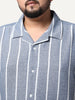 Plus Men's Blue Cotton Half Sleeve Relaxed Fit Linen Striped Shirt with Cuban Collar