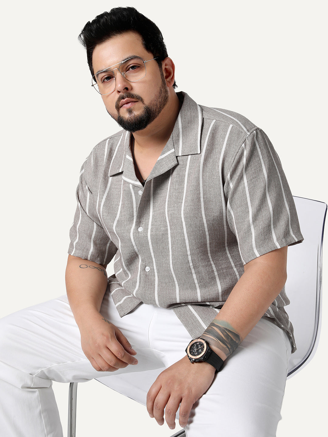 Plus Men's Grey Cotton Half Sleeve Relaxed Fit Linen Striped Shirt with Cuban Collar