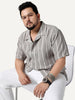 Plus Men's Grey Cotton Half Sleeve Relaxed Fit Linen Striped Shirt with Cuban Collar