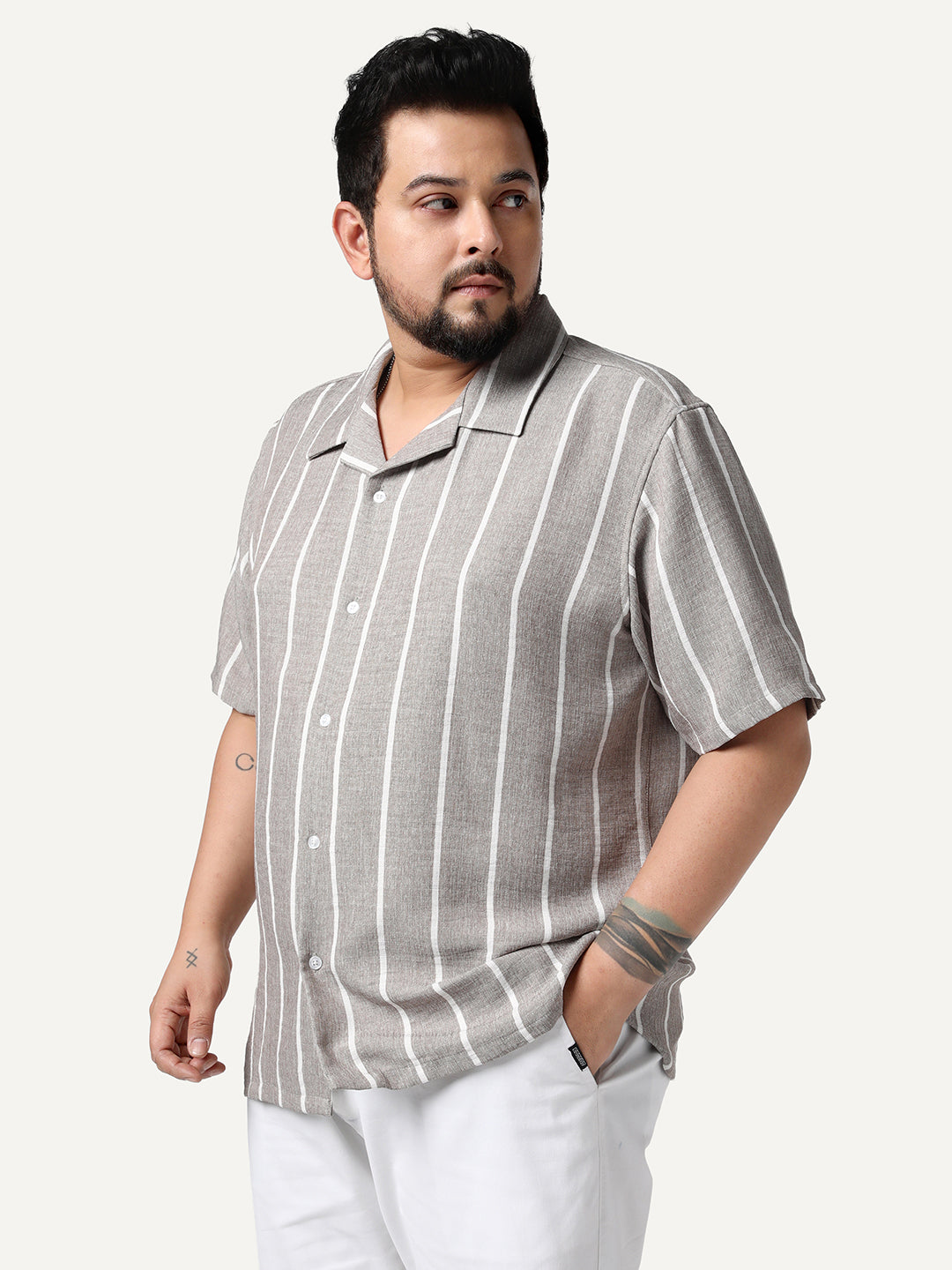 Plus Men's Grey Cotton Half Sleeve Relaxed Fit Linen Striped Shirt with Cuban Collar
