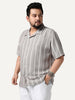 Plus Men's Grey Cotton Half Sleeve Relaxed Fit Linen Striped Shirt with Cuban Collar