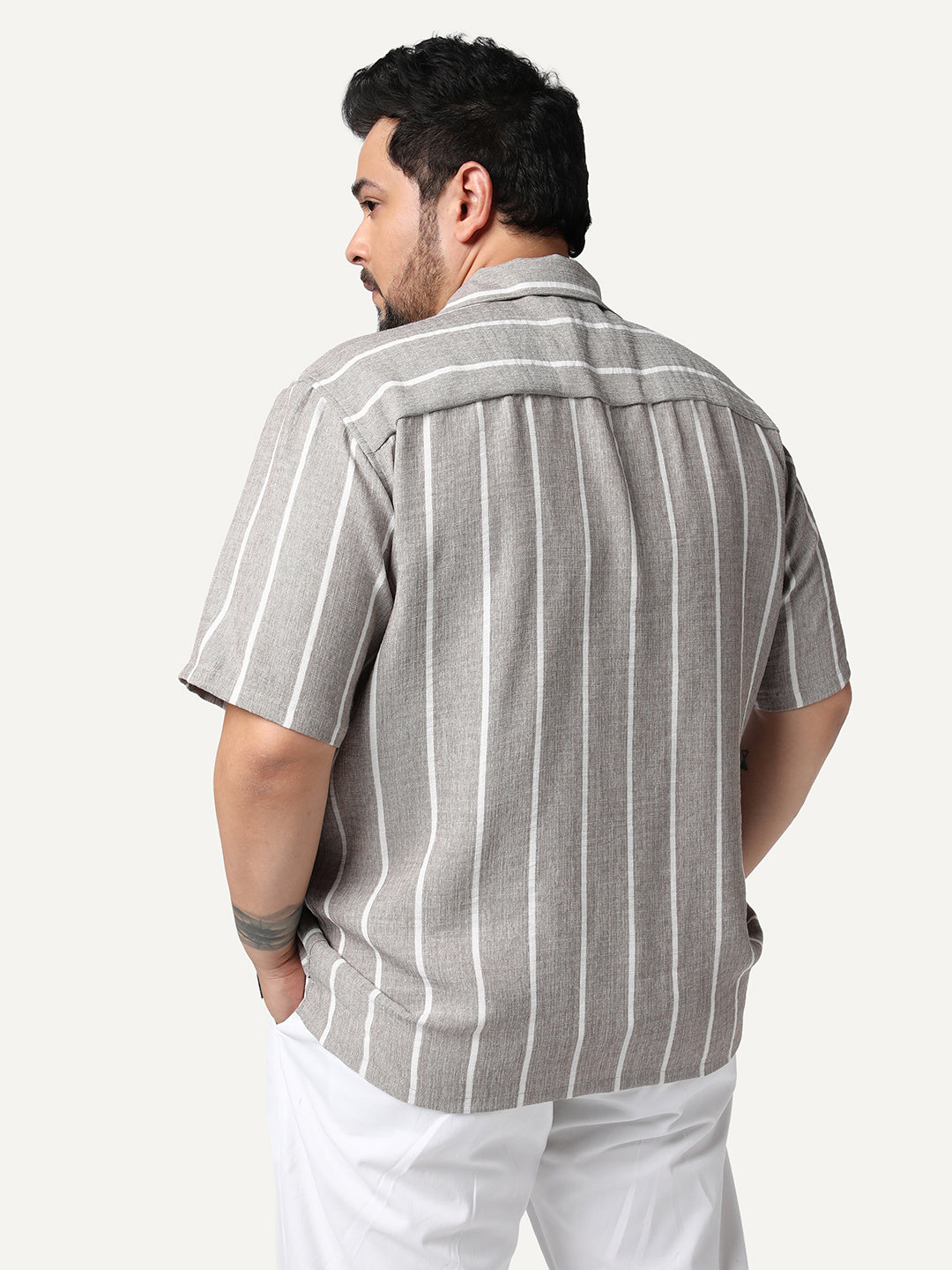 Plus Men's Grey Cotton Half Sleeve Relaxed Fit Linen Striped Shirt with Cuban Collar