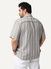 Plus Men's Grey Cotton Half Sleeve Relaxed Fit Linen Striped Shirt with Cuban Collar