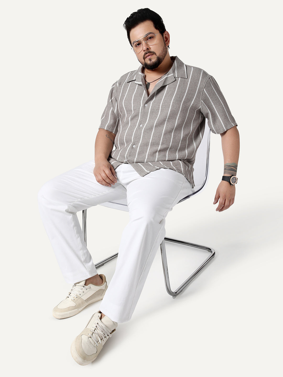 Plus Men's Grey Cotton Half Sleeve Relaxed Fit Linen Striped Shirt with Cuban Collar