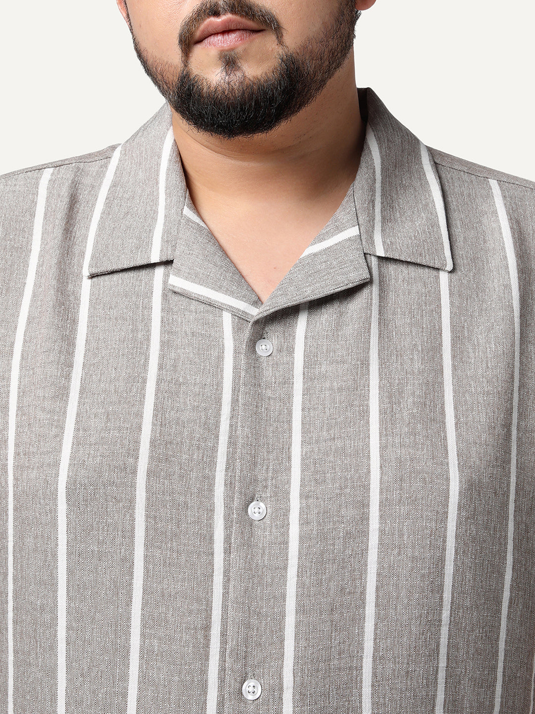 Plus Men's Grey Cotton Half Sleeve Relaxed Fit Linen Striped Shirt with Cuban Collar