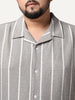 Plus Men's Grey Cotton Half Sleeve Relaxed Fit Linen Striped Shirt with Cuban Collar