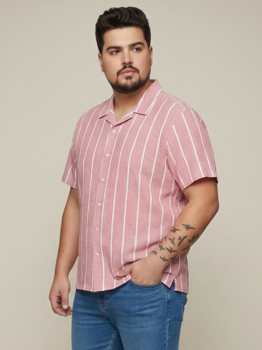 Plus Men's Pink Cotton Half Sleeve Relaxed Fit Linen Striped Shirt with Cuban Collar