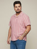 Plus Men's Pink Cotton Half Sleeve Relaxed Fit Linen Striped Shirt with Cuban Collar