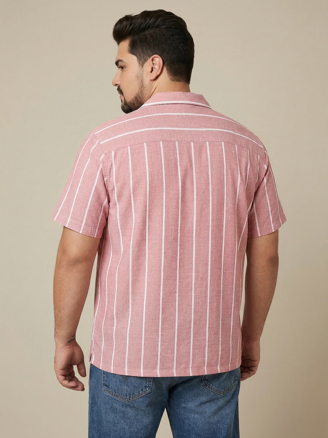 Plus Men's Pink Cotton Half Sleeve Relaxed Fit Linen Striped Shirt with Cuban Collar