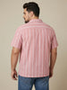 Plus Men's Pink Cotton Half Sleeve Relaxed Fit Linen Striped Shirt with Cuban Collar