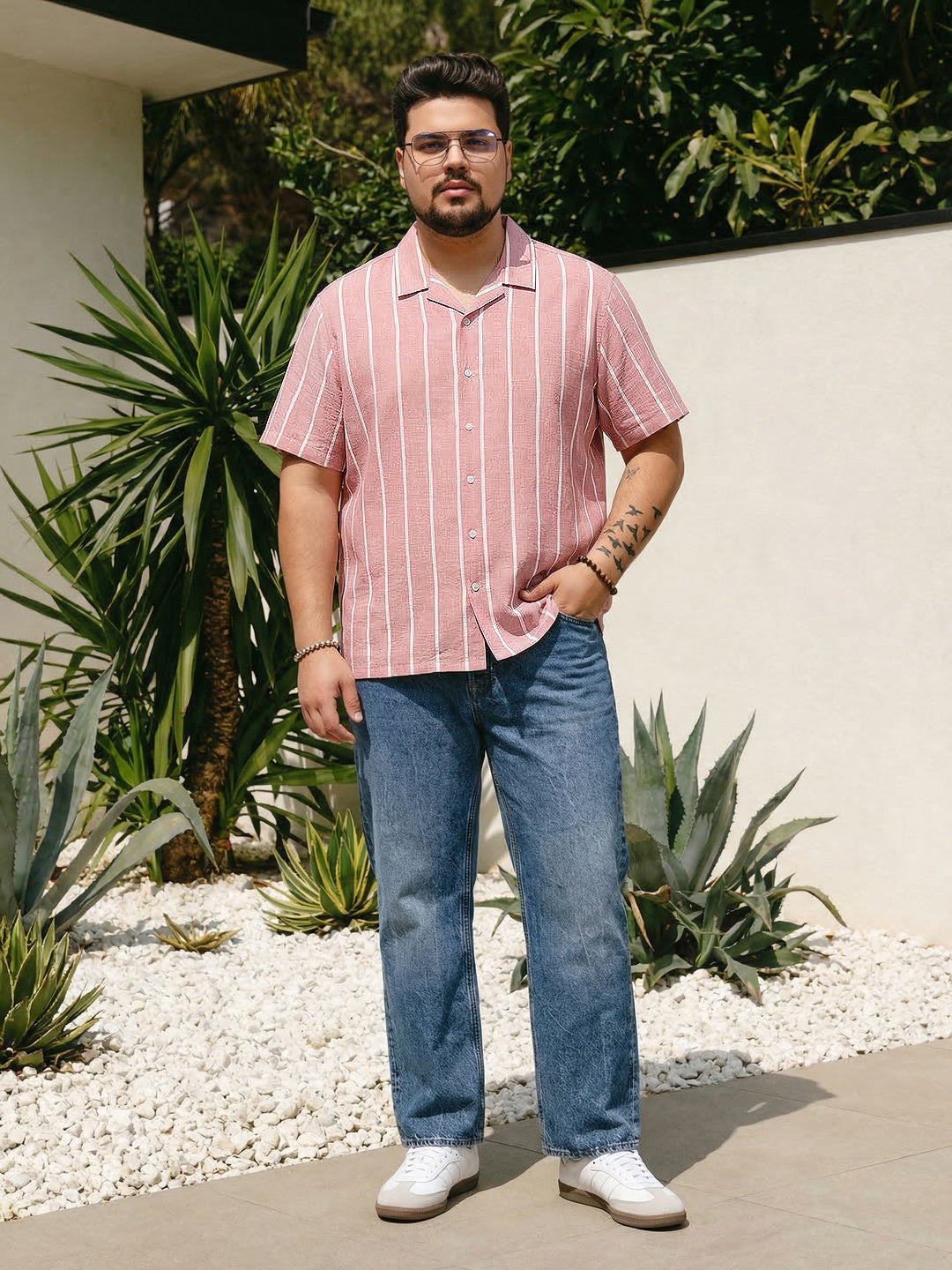 Plus Men's Pink Cotton Half Sleeve Relaxed Fit Linen Striped Shirt with Cuban Collar