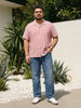 Plus Men's Pink Cotton Half Sleeve Relaxed Fit Linen Striped Shirt with Cuban Collar