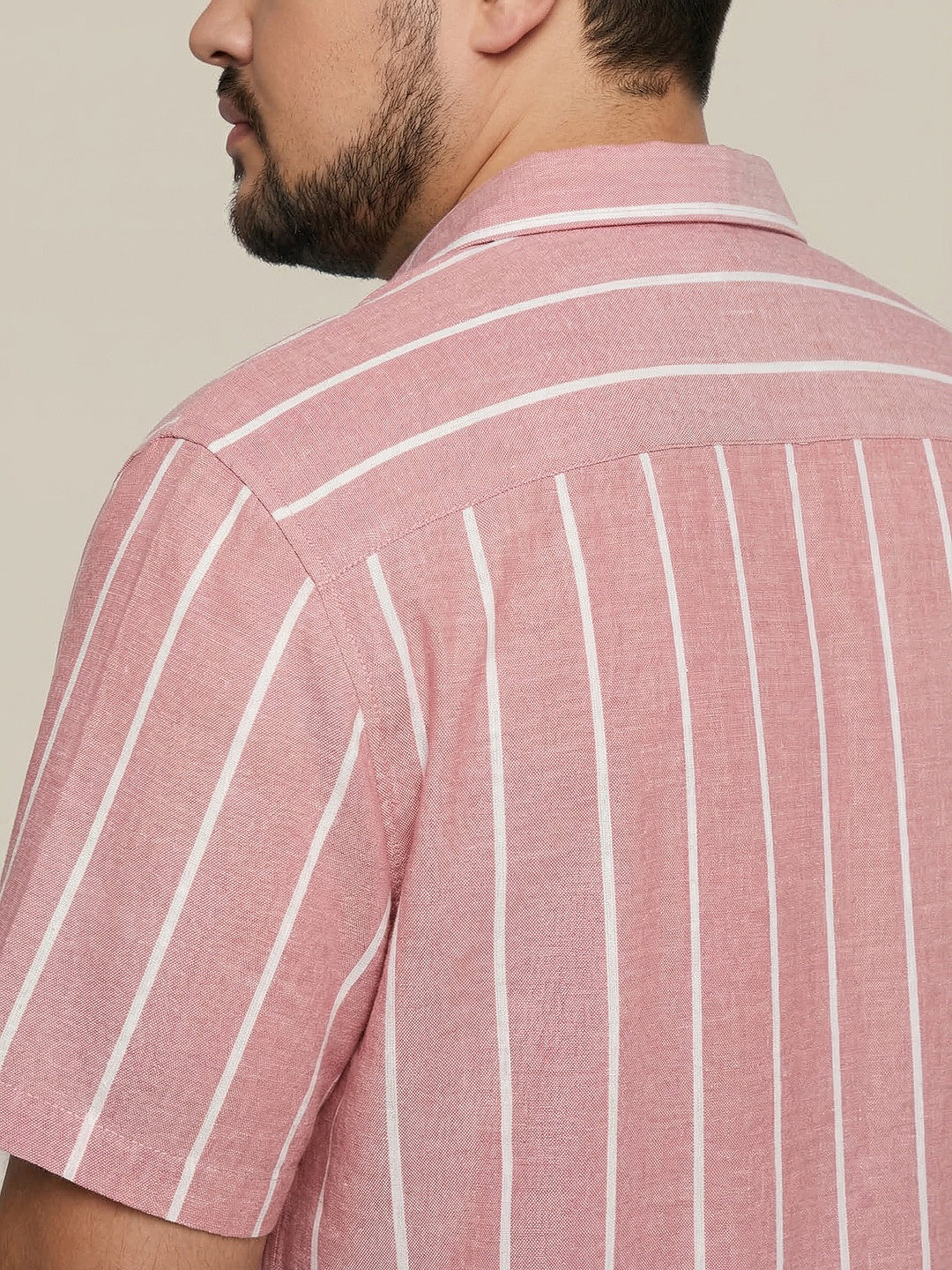 Plus Men's Pink Cotton Half Sleeve Relaxed Fit Linen Striped Shirt with Cuban Collar