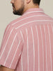Plus Men's Pink Cotton Half Sleeve Relaxed Fit Linen Striped Shirt with Cuban Collar
