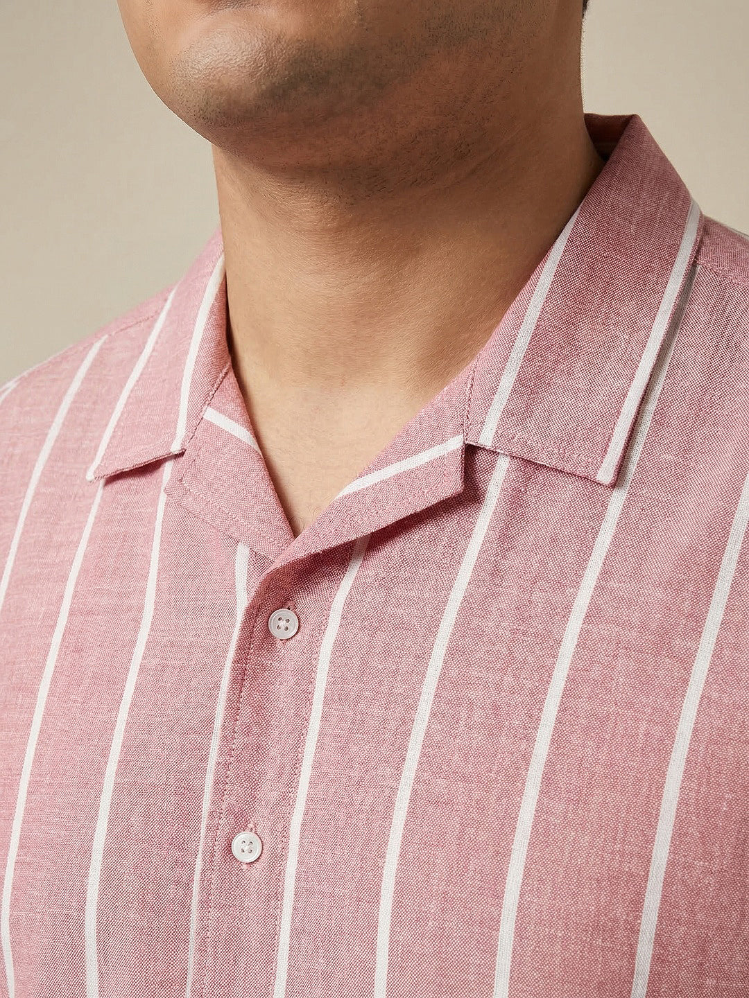 Plus Men's Pink Cotton Half Sleeve Relaxed Fit Linen Striped Shirt with Cuban Collar
