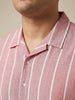 Plus Men's Pink Cotton Half Sleeve Relaxed Fit Linen Striped Shirt with Cuban Collar