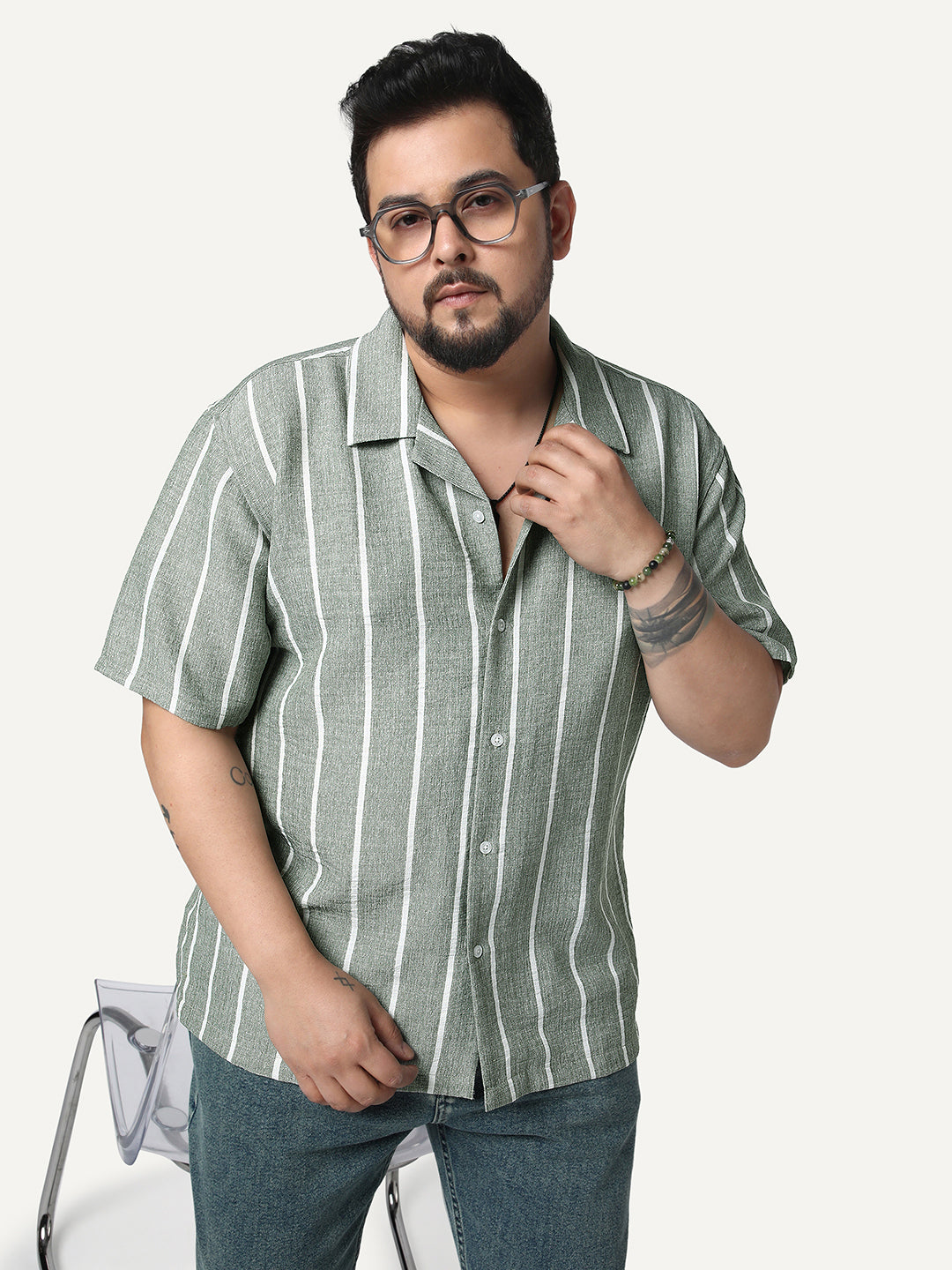 Plus Men's Steel Cotton Half Sleeve Relaxed Fit Linen Striped Shirt with Cuban Collar