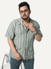 Plus Men's Steel Cotton Half Sleeve Relaxed Fit Linen Striped Shirt with Cuban Collar