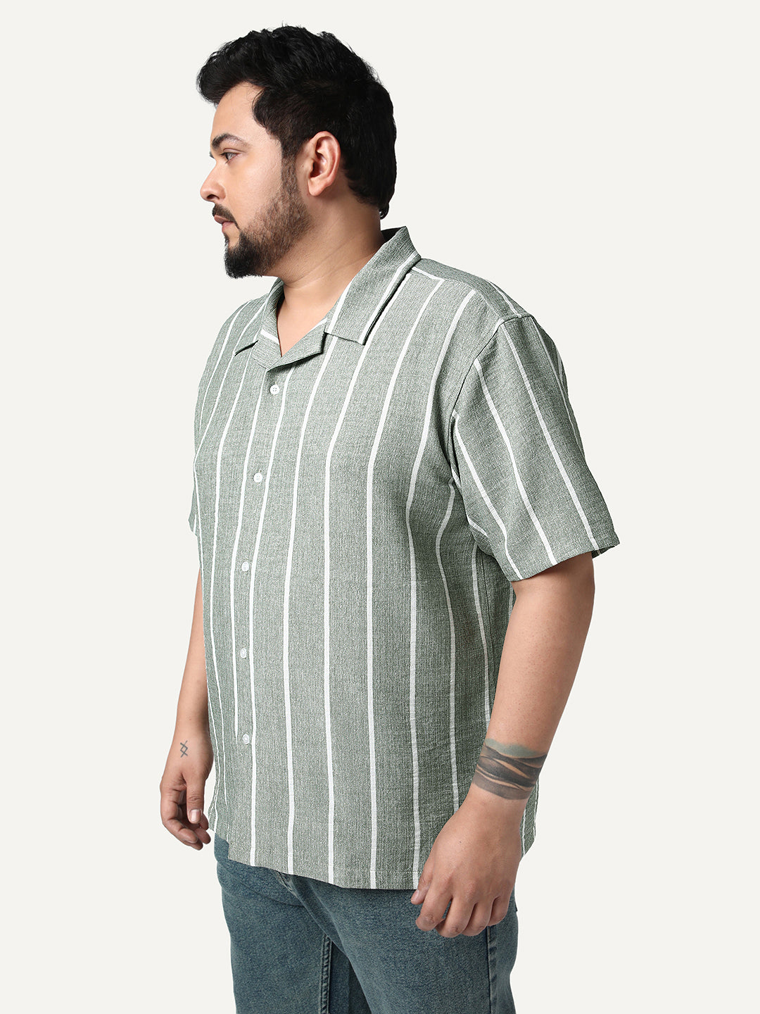 Plus Men's Steel Cotton Half Sleeve Relaxed Fit Linen Striped Shirt with Cuban Collar