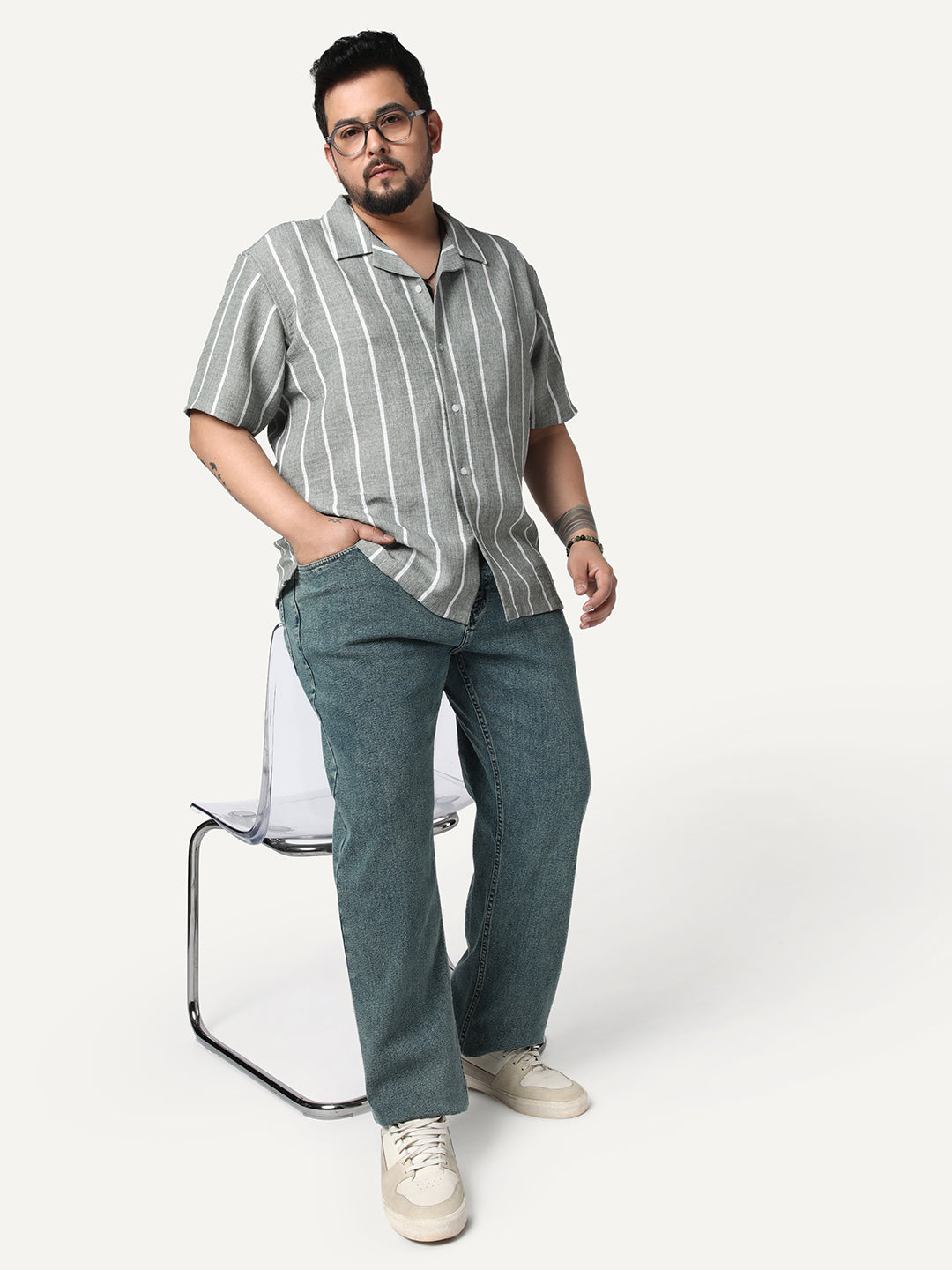 Plus Men's Steel Cotton Half Sleeve Relaxed Fit Linen Striped Shirt with Cuban Collar