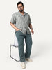 Plus Men's Steel Cotton Half Sleeve Relaxed Fit Linen Striped Shirt with Cuban Collar